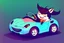 Placeholder: whimsical cartoony sports car with a small mascot character driving it, celshaded comic style