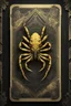 Placeholder: sacred geometry framed playing card brittle parchment, black and yellow crab dragon scorpion spider with shadows boss card in the style of Giger and fallout 4 ,,bokeh like f/0.8, tilt-shift lens 8k, high detail, smooth render, down-light, unreal engine