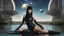 Placeholder: Fantasy Photo Of A Woman With Black Hair, Wearing A robot-looking catsuit, Sitting sideways On A Ledge next to a Pond, With A Planet Behind Her Head