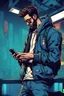 Placeholder: man, profile, cyberpunk, holding a cellphone, comic book art style, geek, engineer, t-shirt, jeans, drug addict, hoodie,