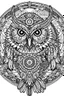 Placeholder: Mandala of Mechanical Owl with Full Moon, outlined in black and white with clear, thick lines for an adult coloring book, contour, vector, clean line art, isolated on a white background