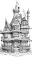 Placeholder: A highly detailed front elevation line drawing of a crooked fantasy house, with a twisted tall chimney, rooms and floors added to the sides and roofs, like Harry Potter's the Burrow.