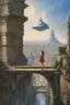 Placeholder: Pierre Roy, Jim Burns, Surreal, mysterious, strange, fantastical, fantasy, Sci-fi, Japanese anime, ancient Roman spaceship, Piranesi's miniskirt beautiful girl, perfect voluminous body wide angles, detailed masterpiece