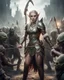 Placeholder: Realistic Photography length image,elf princess wearing luxurious armor standing action holding arrow ready to shot sorrounded by orcs zombies troops