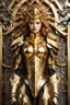 Placeholder: Excellent style Facing front Gorgeous Photography Beautiful Medusa Queen Cyborg dressing Armor Mecha Golden and jewelry,luxury wall background