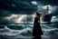 Placeholder: Compose a haunting and powerful image of a beautiful girl surrounded by her sadness in a surreal environment. Use dynamic lighting to create contrast and depth, illuminating her emotions and struggles. The sky above should be turbulent, with storm clouds brewing, reflecting the turmoil within her. In the background, depict a stormy ocean with a sinking ship, symbolizing loss and despair. Show a few people struggling for survival, adding a sense of urgency and chaos to the scene. Let the composit