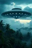 Placeholder: Amazon jungle high definition 8k a giant ufo spaceship hovering in the cloudy sky