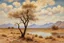 Placeholder: clouds, arid land, distant mountains, dry trees, pond, claude monet impressionism painting