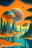Placeholder: retro-futuristic image of a world in the hunter-gatherer phase, but eons later in the 1964th cycle of human evolution. Show the sun, rivers, land, sea, trees, forests, etc. Focus on hunter-gatherer phase but yet very advanced