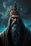 Placeholder: dnd, portrait of a noble with a long. grey beard, in a hood Babylon at its peak, dark yet vibrant, with skyscraper-like ziggurats illuminated by glowing neon blue and green, and Nimrod standing tall at the center, crowned as a king, with storm clouds swirling.