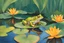 Placeholder: color pencil drawing of a frog on a lily pad in a lush forest with greens, blues, yellows, and orange