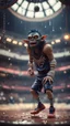 Placeholder: full figure portrait of a giant dunking basket player vampire werewolf goblin gremlin hanging in rings on wet soil in front of dome court, in the style of Gorillaz,bokeh like f/0.8, tilt-shift lens 8k, high detail, smooth render, down-light, unreal engine, prize winning