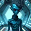 Placeholder: An androgynous blue humanoid alien with messy black hair and red eyes, intricately detailed, standing in a futuristic room