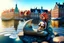 Placeholder: A beautiful and cute little mermaid sits on a rock in Copenhagen, in the water, her fins metallically shimmering and covered with precious stones, with the buildings of Copenhagen in the background in the sunlight