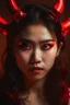 Placeholder: Beautiful devil asian girl with devil horns on her head, with brown eyes, detailed, looking at the camera, princess