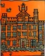 Placeholder: A light rosy orange colored European castle in a city painted by Keith Haring