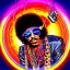 Placeholder: a realistic picture of Jimi Hendrix at a turntable with headphones on being a DJ, vivid color, with sunglasses, psychedelic trippy art, with UFOs in the background