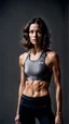 Placeholder: photography of a beautiful anorexic woman, grey satin triathlon top, sports illustrated, brunette short wavy bob haircut, pronounced sternum, flat chest, anthracite short leggins