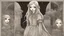 Placeholder: comic style, In the pallid moonlight, a peculiar girl appears - a vampire, her skin a haunting shade of spectral grey, as if she herself were wrought from the lonely heart of a forsaken moon. Cruel rubies are set into her eyes, glowing with ominous liveliness against her lifeless pallor. Blood, a sinister accompaniment to her form, the colour of garnet, seems to drip off her like a macabre jewel, casting a chilling aura of dangerous enchantment about her.