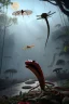 Placeholder: large venus fly trap with teeth eating a dragonfly, flowers, jungle, hyperrealistic, trees in background, digital art, alien like, disgusting, intricate, morbid, rainy, sinister, volumetric lighting, unreal engine, high resolution, 8k, depressing colors, dark colors, horror, horrific,