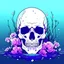 Placeholder: a human skull with flowers around and between its bones at the bottom of the sea, with some small animal next to it, no background color, anime style, front view, semi realistic