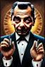 Placeholder: mr bean as the mafia godfather wearing gloves, in casino top floor, 4k, trending art, weird perspective, realism, spray paint, detailed