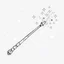 Placeholder: Make black and white cute drawing of a Magic Wand with black bold lines. Only outline, no grayscale. A slender wand with swirling stars and sparkles shooting from its tip. Decorate it with intricate carvings or a glowing crystal at the end. Place it against a soft magical background with shimmering lights.