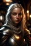 Placeholder: portrait of a beautiful female elven young paladin, messy ashen hair, pale white eyes, white skin, dressed in an ornamented light plate armor, wearing a hood and a silver circlet, confident, evil, unholy symbol, standing in a tavern, realistic, dim torch lighting, sexy, cinematic lighting, highly detailed face, very high resolution, looking at the camera, centered