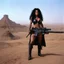 Placeholder: tattooed Julie Strain in action, standing on a dusty hill in the badlands - Heavy Metal F.A.K.K.2 her machine-gun in hand (shot from The Dark Crystal, 1982 dark fantasy film directed by Jim Henson and Frank Oz)