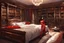 Placeholder: Vampirella in a bedroom with wooden furniture, bookcases and opulence