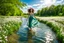 Placeholder: shot from front ,green field and wild flower field ,beautiful girl in pretty dress curly hair walking in water toward camera in trees next to wavy river with clear water and nice sands in floor.camera capture from her full body front, spring blosom walking to camera ,wild flowers moving in the wind ,blue sky,moving pretty clouds ,joy full facet.