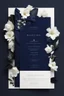 Placeholder: An extremely formal, funeral program for a black man on darkest blue deeply pigmented velvet paper with brilliant, brightest heavy white fonts, simple, minimalistic, less element, very dramatic lighting, detailed, white flowers,