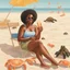 Placeholder: Portrait of black woman enjoying popsicle, enjoying the sun. She's at the beach with turtles and baby crab