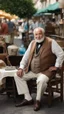 Placeholder: Full length photograph of a 58 year old, strong and chubby Neapolitan antiques dealer, at the street market, elegantly dressed, old glasses, short white beard, short shaved hair, under the sun, stocky, open shirt, hairy chest, sitting in a furniture stall of antique and mirrors, big belly, big shoulders,, sunlight, ambient occlusion, side light, photorealistic, side view from the ground