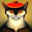 Placeholder: oil painting of a beautiful symmetrical cat with a summer hat, XIX century, classic japanese, by El Bosco 8k