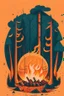 Placeholder: perfect round ball burning in a bonfire inside a forest, 2D flat illustration style, monoline, 3 colors max