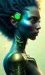 Placeholder: alien, girl, cute, beautiful, curly hair, black hair, green skin, brown eyes, turquoise dress, head and shoulders portrait, 8k resolution concept art portrait by Greg Rutkowski, Artgerm, WLOP, Alphonse Mucha dynamic lighting hyperdetailed intricately detailed