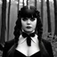Placeholder: Actress theda bara as Wednesday addams, braids, bangs, in tge woods