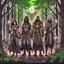 Placeholder: A group of four characters from a fictional book world. A witch, a gladiator, a thief, and an enchanter. The characters are in a dark forest. The characters are shrouded in mystery.