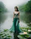 Placeholder: Lens focus DSLR Camera Photography full length image beautiful humanoid Pretty Girl Fairy Queen sorrounded full of lotus flowers leaves plenty,fullbody pretty fairy lady drown into the river swim on swampriver and the wonderful river sorrounded birds and flowers, morning heavy fog and smokes background,realistic potrait photoshoot experiences photographer