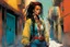 Placeholder: create an imaginative full body illustration of a female, ornately dressed Moroccan pirate queen with finely detailed facial features, short dreadlock hair, in the backstreets of Casablanca, in the comic book art style of Bill Sienkiewicz, Mike Mignola, and Jean Giraud Moebius, finely textured, drawn, colored, and inked