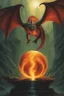 Placeholder: dragon attacking a magic orb full of dragon fire. dragon with huge cloned wings. perfectly drawn claws. fantasy setting. . style of Clive barker