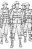 Placeholder: Outline art for coloring page OF A SET OF SMALL AMERICAN TOY ARMY SOLDIERS, coloring page, white background, Sketch style, only use outline, clean line art, white background, no shadows, no shading, no color, clear