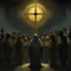 Placeholder: a crowd behinmd in front of a preist with back a crucified in a circle. oniric atmosphere