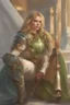 Placeholder: A beautiful woman with blond hair and green eyes. Knight, leather armor.