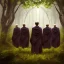 Placeholder: gathering of black robed monks in the forest