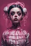 Placeholder: full color, illustration of a darkred and pink tones, menacing, Singer Melanie Martinez face, as a decayed, broken, skin turned translucent, black veins that extended like roots beneath her skin, latex suit, crude homemade cloth doll toy, with a narrow cracked porcelain face, thick dark eyebrows, hair in two gradually, made from ragged strips of cloth, in the style of Alex Pardee, Tim Burton, and Nadya Sheremet