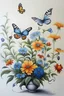 Placeholder: painting of 1 flower plant going up with butterflies around it in the very center back ground white