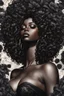 Placeholder: Create an urban art drawing image of a curvy size black female wearing a black off the shoulder blouse and she is looking down with Prominent makeup. Highly detailed tightly curly black afro. Background of large black flowers surrounding her