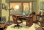 Placeholder: private eye office, desk and chair, window with city view, retro cartoon, old colors, books, fan and phone on desk, 50's